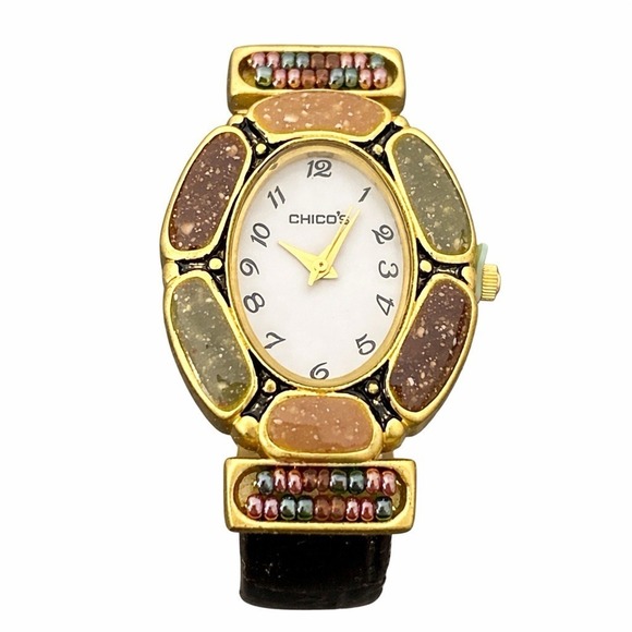 Chico's Accessories - Chico's Y2K‎ Oval Gold Tone Beaded Faux Stone Watch w/ Pouch Quartz Not Tested